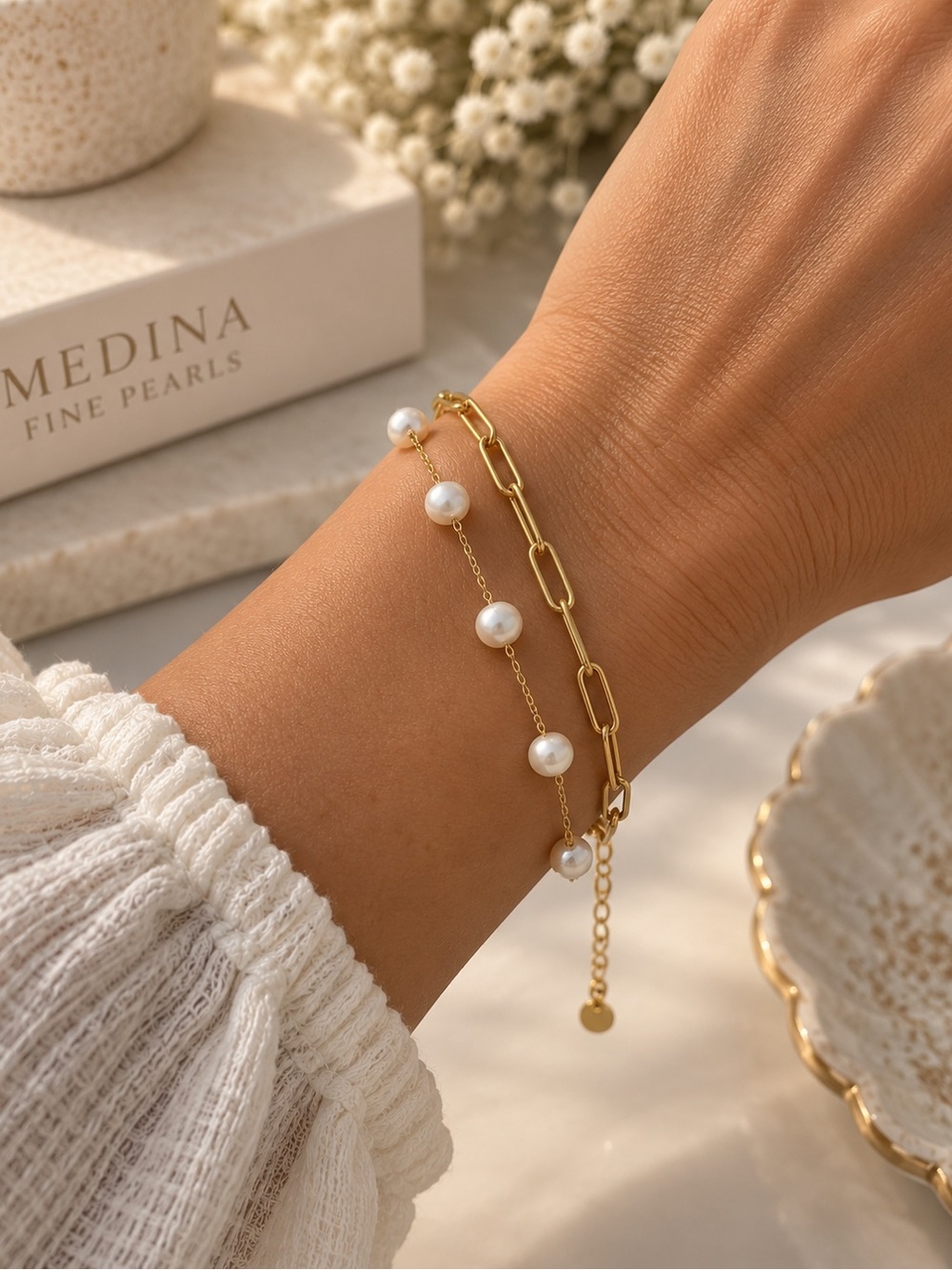 New Gold fresh water Pearl Chain Bracelet 2 in 1 - Gold and White